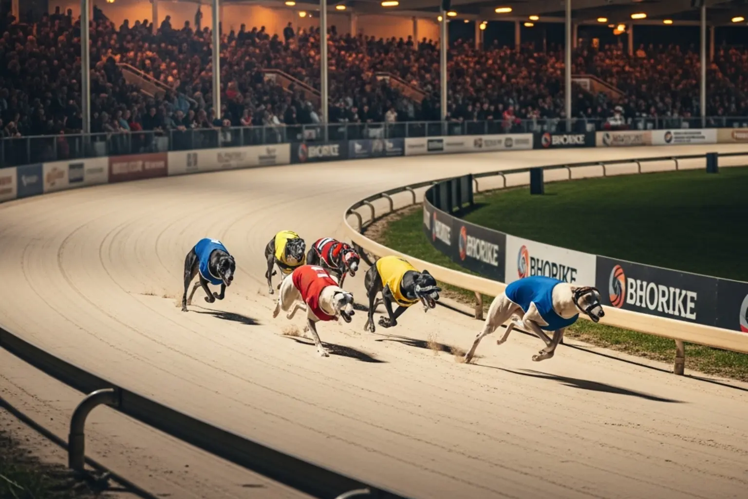 Greyhounds rounding the final bend during the English Greyhound Derby final at Towcester under evening floodlights