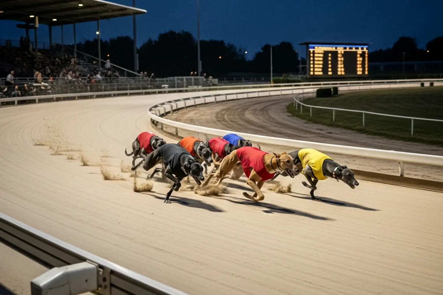 Greyhounds racing at full speed through the first bend of a 270m sprint at Towcester