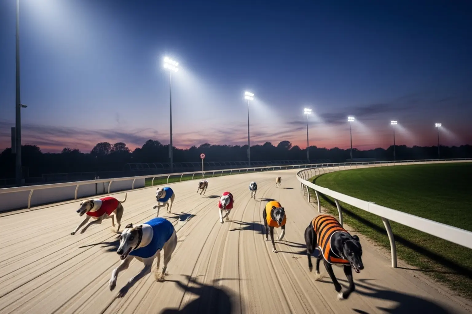 Towcester greyhound racing track under floodlights with greyhounds sprinting on the sand surface