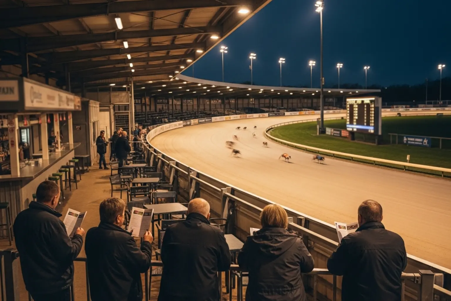 Spectators watching greyhound racing from the trackside viewing area at Towcester on a standard race evening