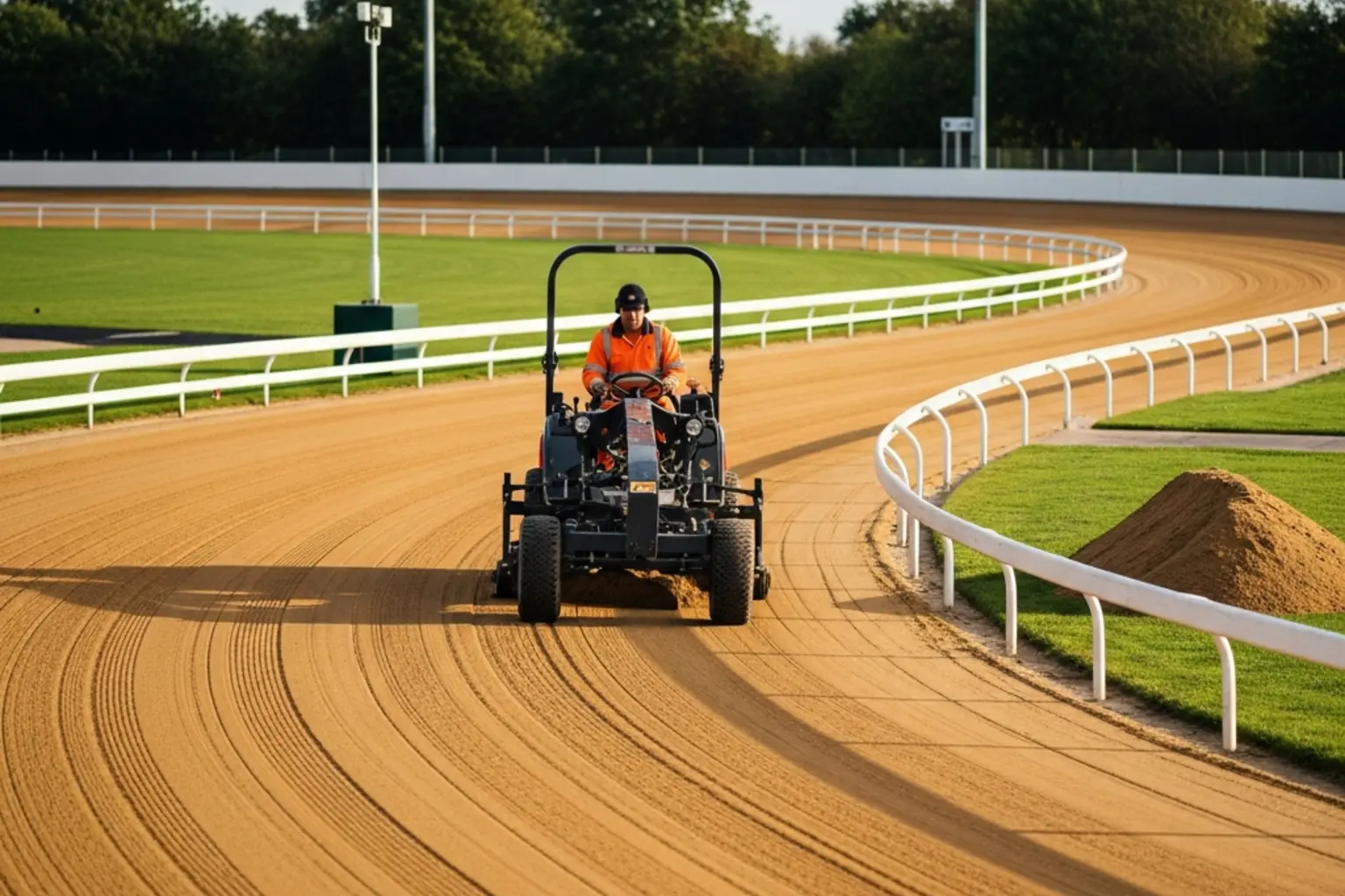 Close view of the freshly prepared sand surface at Towcester greyhound stadium being maintained before a race meeting