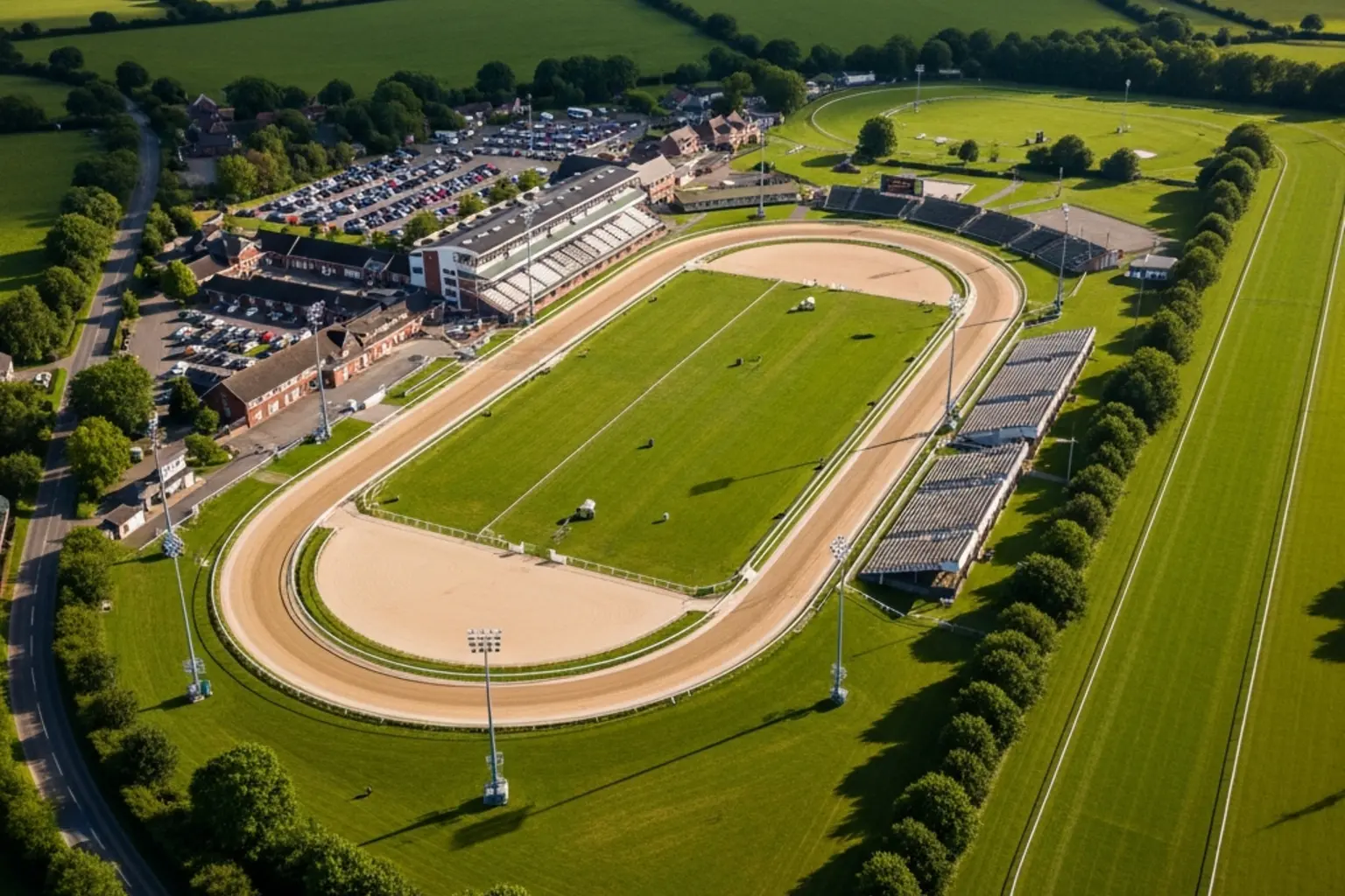 Aerial view of Towcester Racecourse showing the greyhound circuit set within the horse-racing grounds in the Northamptonshire countryside