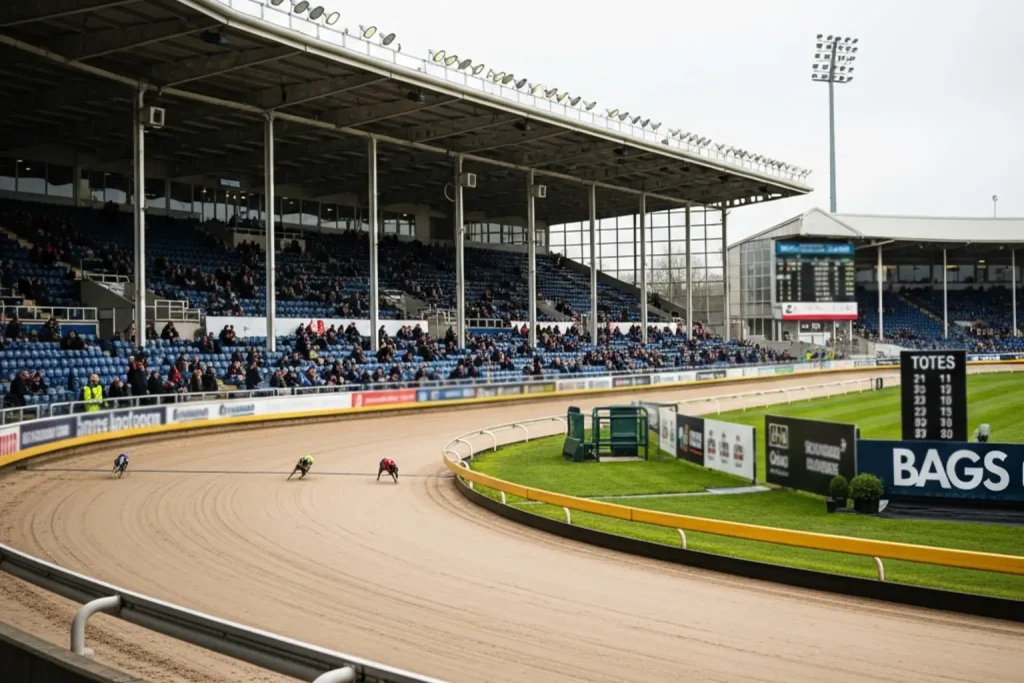 Towcester greyhound track on a daytime BAGS meeting with empty grandstand and floodlights off