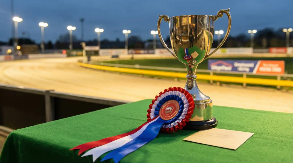 Trophy and rosette on a presentation table at a greyhound stadium with the track in the background
