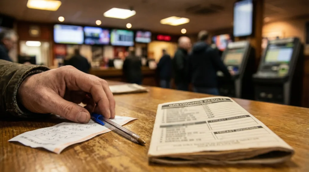Betting slip and pen on a table beside a printed greyhound racecard showing CSF dividends