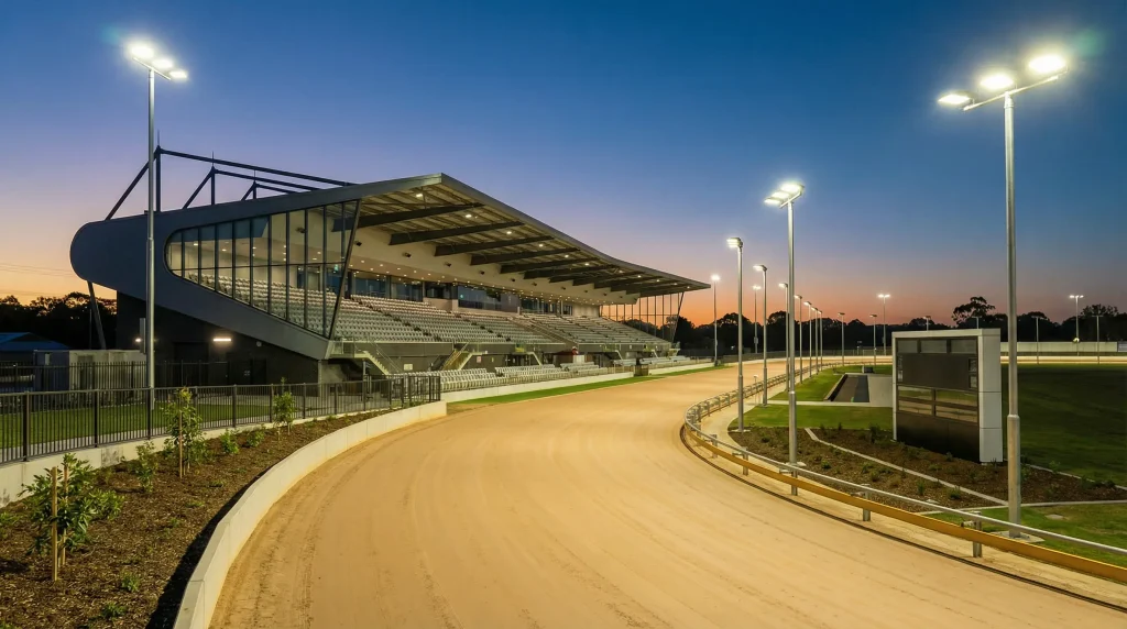 Modern greyhound stadium with a fresh sand track and covered grandstand ready for racing