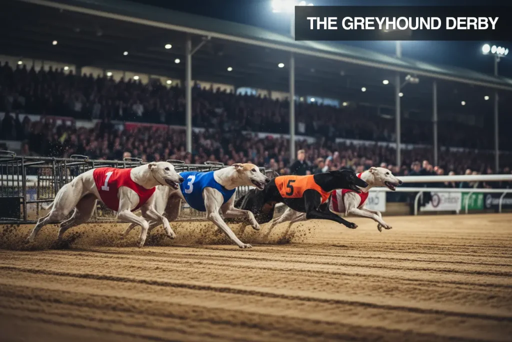 Greyhounds racing out of the traps under floodlights at a packed Towcester Derby final