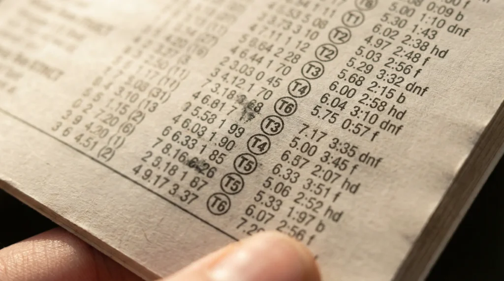 Close-up of a UK greyhound racecard page showing columns of form figures and abbreviations