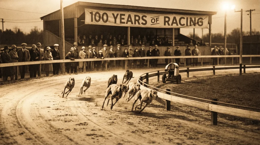 Vintage-style greyhound racing scene with dogs chasing a hare on a floodlit oval track