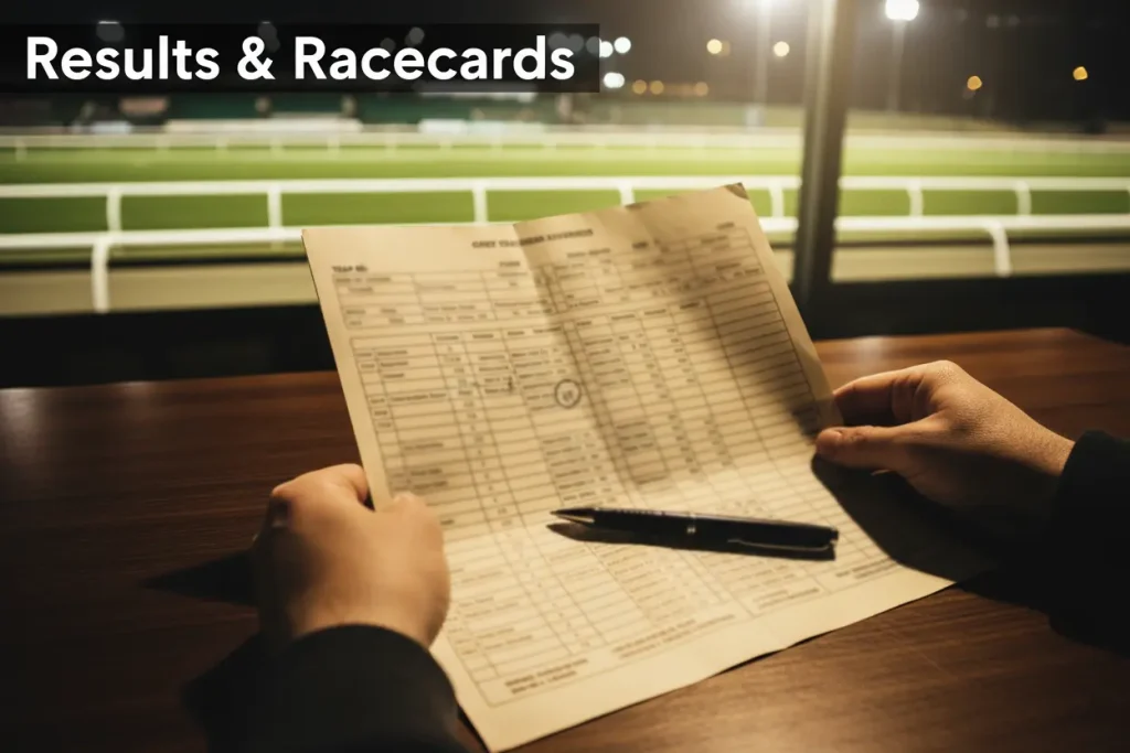 Close-up of a printed greyhound racecard with results and form figures