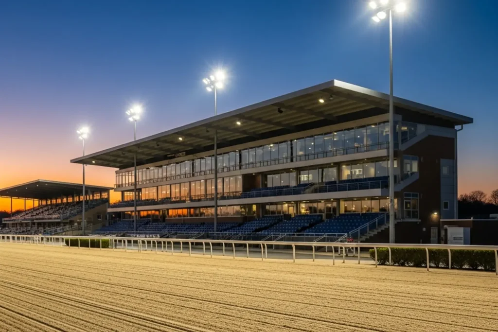 Towcester racecourse grandstand and track under floodlights after the 2026 renovation