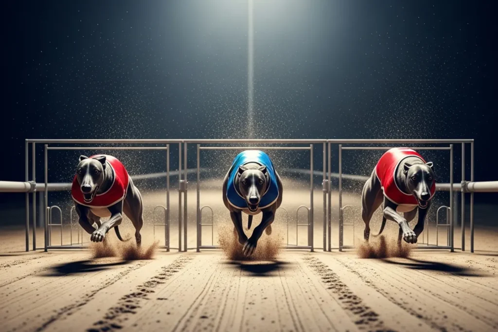 Greyhounds sprinting out of traps on the 270-metre straight at Towcester sand track