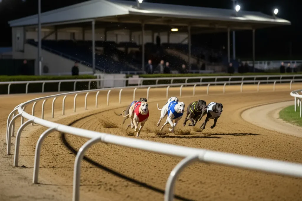 Greyhounds rounding a bend on the 480-metre course at Towcester with the grandstand in the background