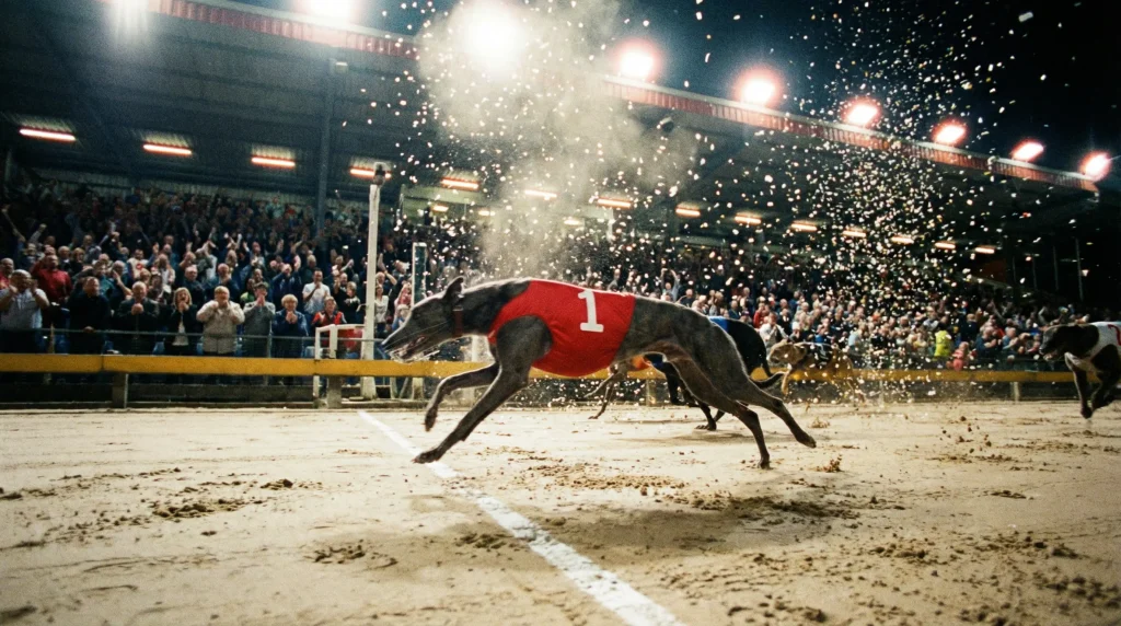 Greyhound crossing the finish line first under floodlights on Derby final night at Towcester