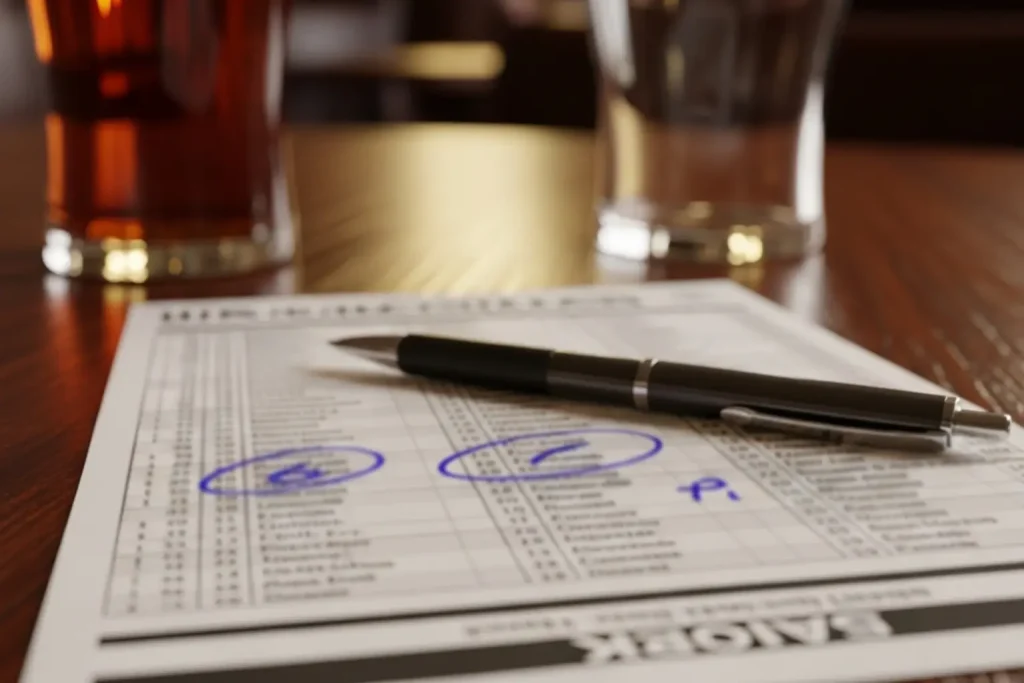 Close-up of a printed greyhound racecard with form figures and pen marks on a table