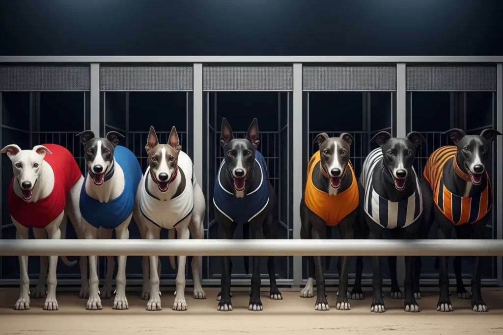 Six greyhounds in coloured racing jackets lined up at the start of a graded race at Towcester