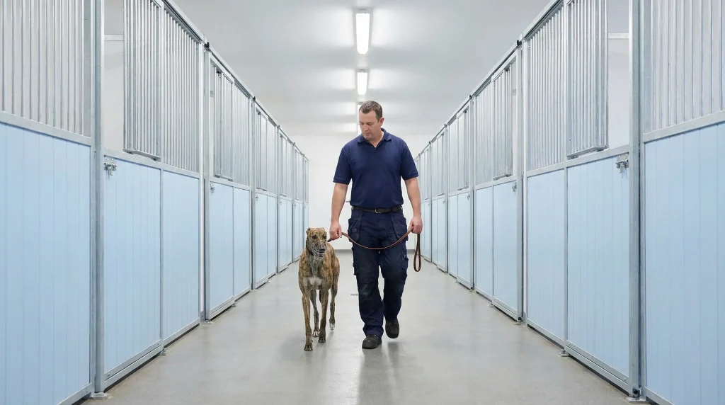 Greyhound kennel block with a handler leading a racing greyhound along a clean corridor