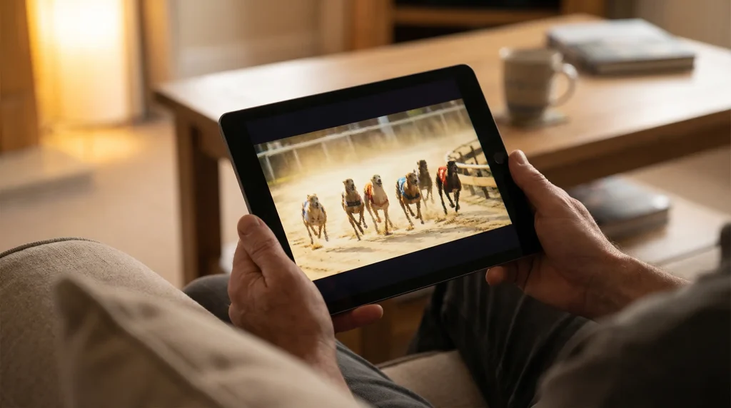 Person watching a live greyhound race on a tablet screen with the race broadcast in progress