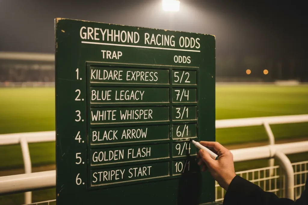 Bookmaker odds board at a greyhound stadium showing starting prices for six runners