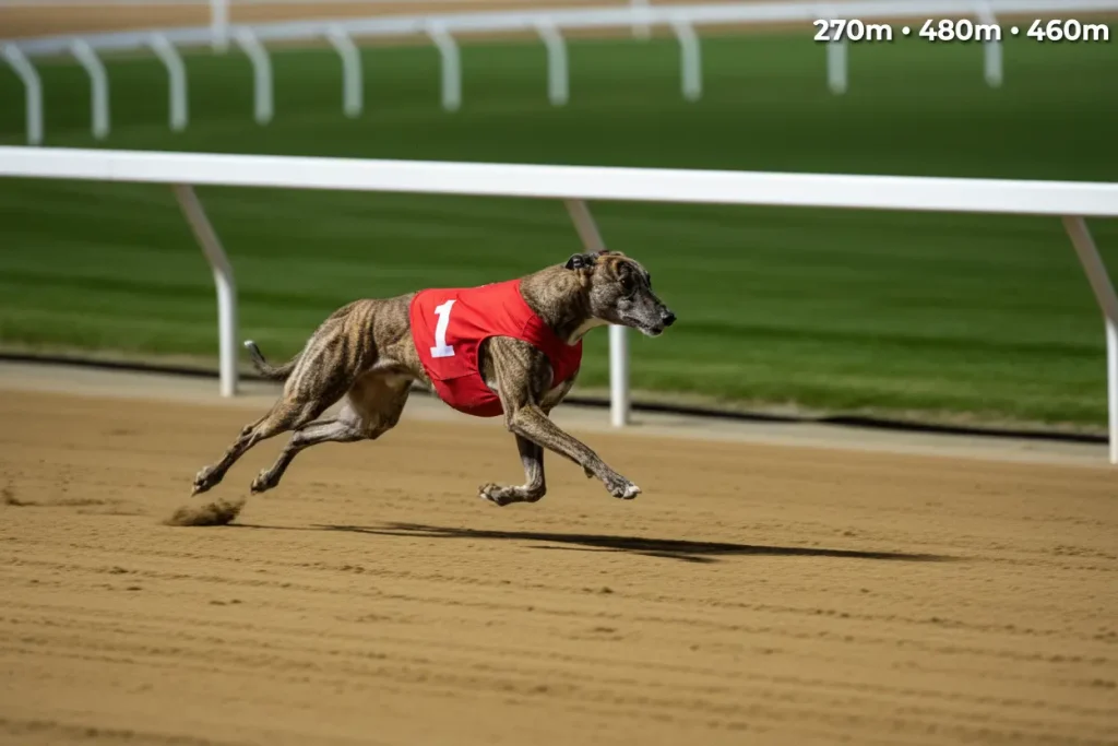 Greyhound sprinting on a sand track at Towcester over the 270-metre distance