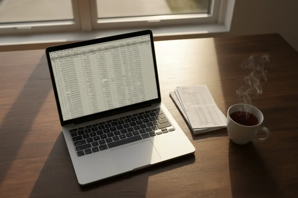 Person reviewing greyhound racing results on a laptop screen with printed racecards on the desk