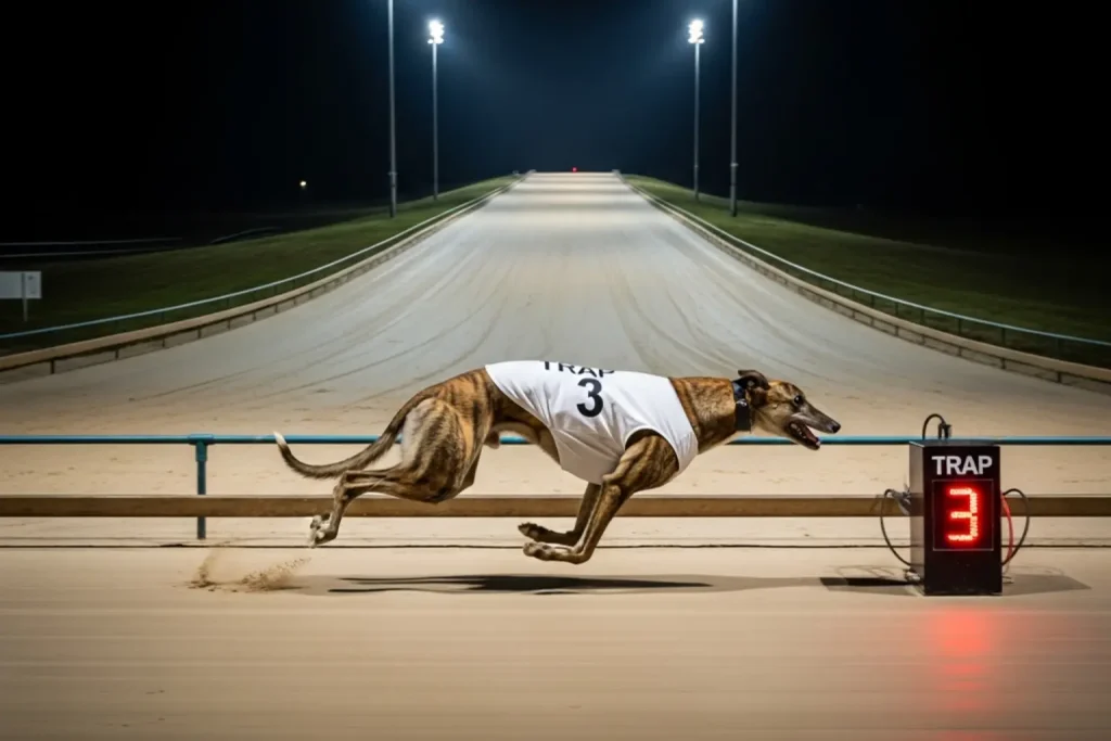 Greyhound racing past a timing marker on a sand track at Towcester with the uphill straight visible