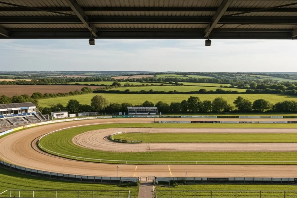 Towcester greyhound track viewed from the grandstand with the Northamptonshire countryside in the background