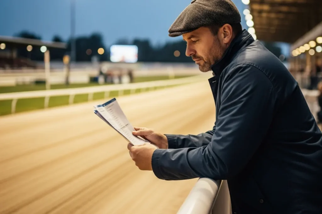 Racegoer studying a greyhound racecard beside the track at Towcester on an evening meeting
