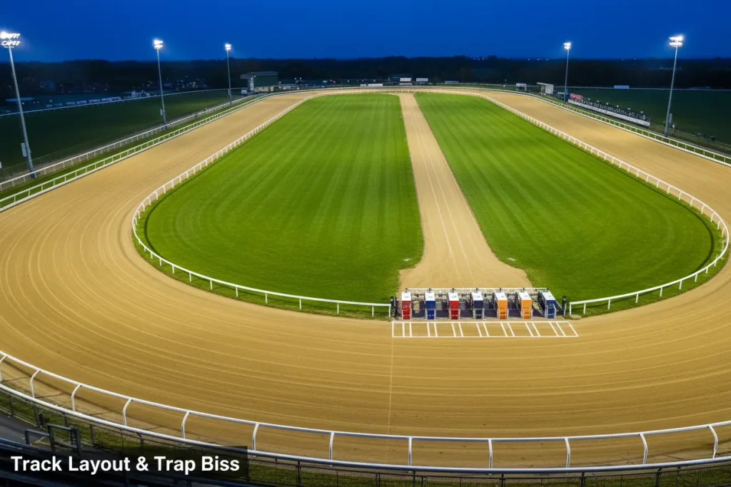 Aerial view of Towcester greyhound sand track showing bends and starting traps