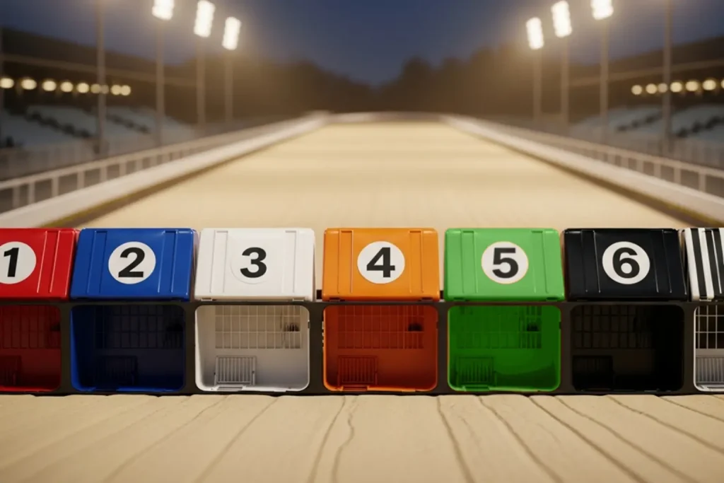 Greyhound starting traps at Towcester stadium before a race with six coloured lids ready to open