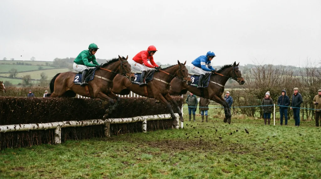 Horses and jockeys jumping a fence on a point-to-point course in the English countryside
