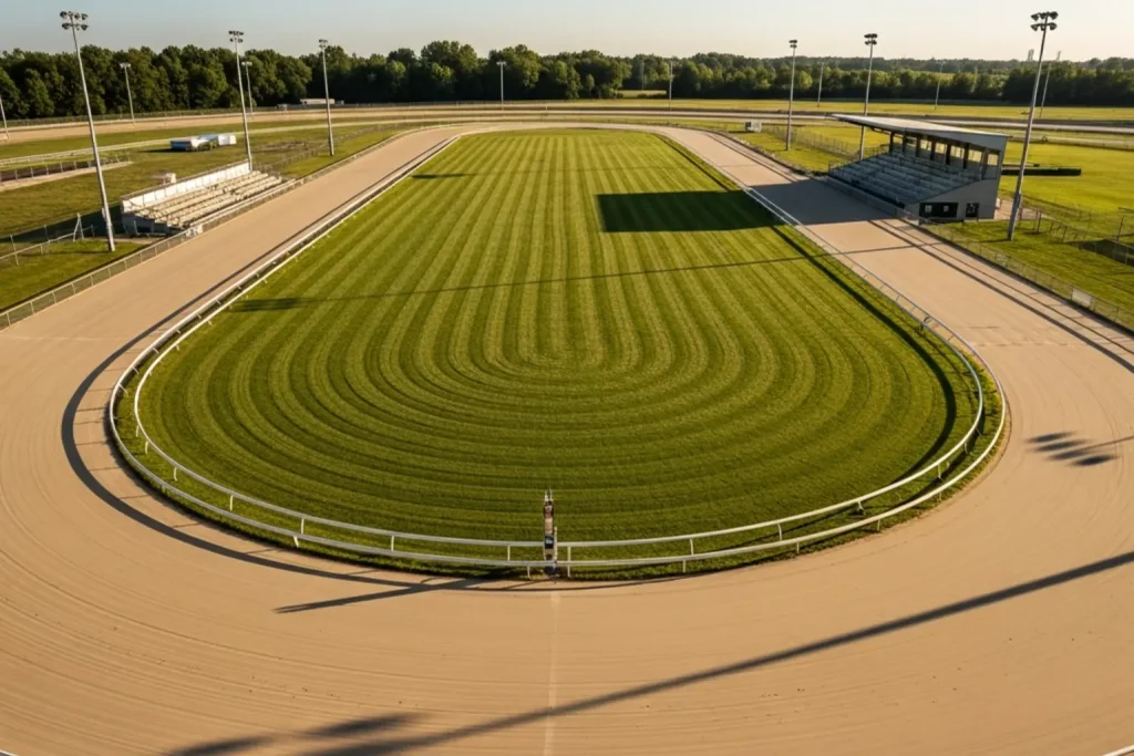 Aerial view of a greyhound racing track with sand surface and green infield showing the oval layout