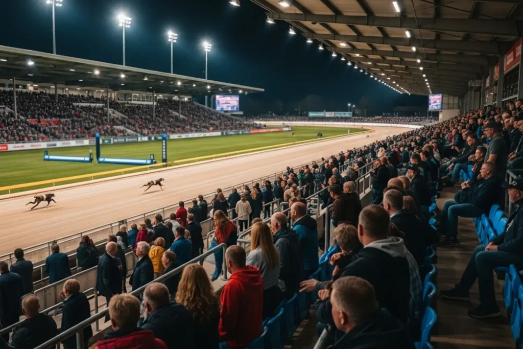 Busy greyhound stadium grandstand with spectators watching an evening race under floodlights