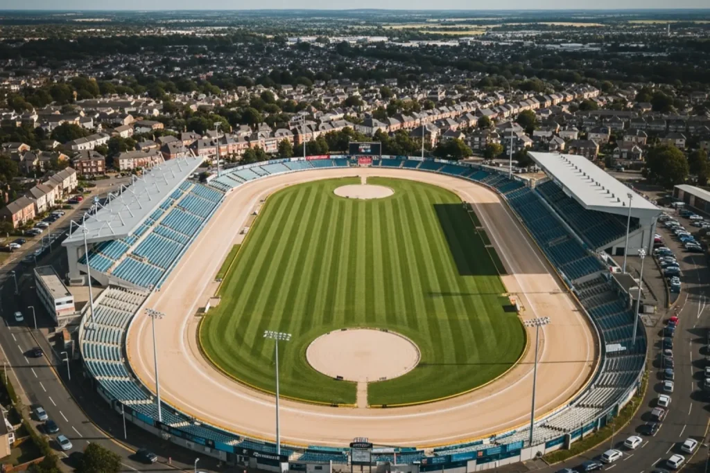 Greyhound stadium viewed from above showing the oval sand track and surrounding stands