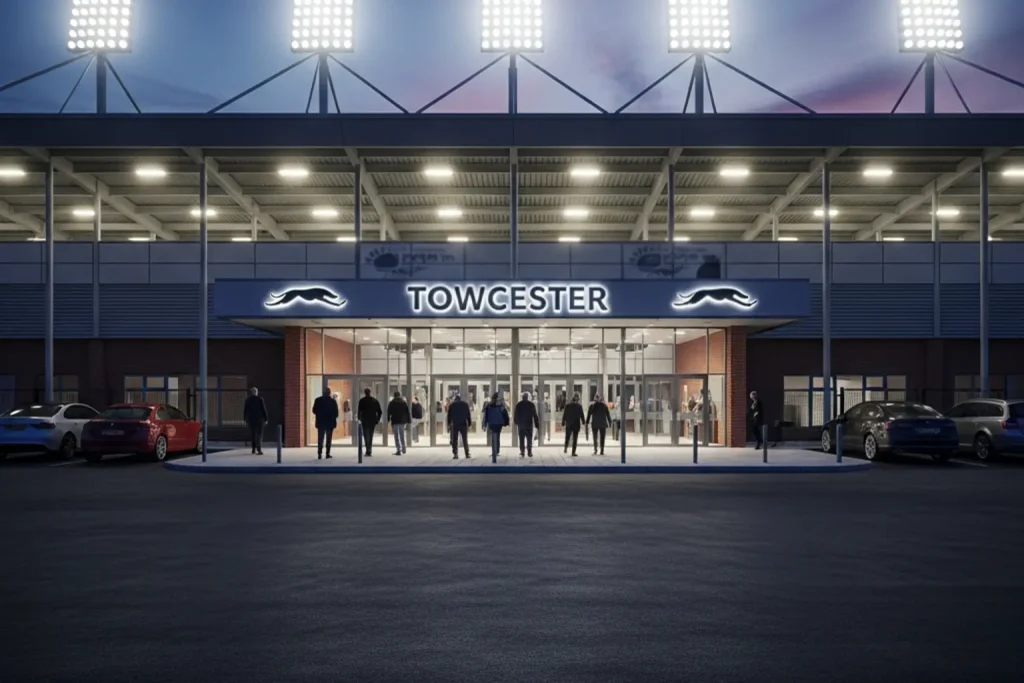 Entrance to Towcester greyhound stadium on a race evening with floodlights glowing and visitors arriving
