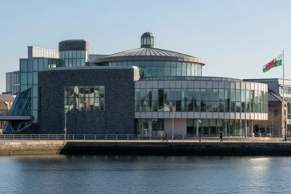 The Senedd building in Cardiff Bay photographed from across the water on a clear day