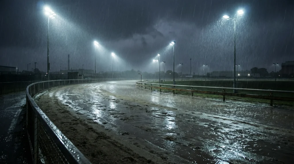 Wet sand surface on a greyhound track after rain with puddles reflecting the floodlights